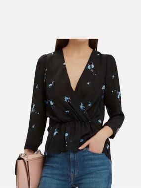 ALC Rena Black & Blue Floral button back Print Silk Peplum Blouse size 6